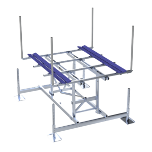 A metal industrial frame with adjustable vertical poles and two blue horizontal beams is shown on a white background, designed to support or secure materials like the 4,500 LB Capacity Pontoon/Tritoon Boat Lift.